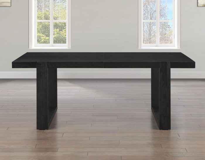 Reid Dining Table 77-95" Dining Table Top with 18" Leaf & Chairs, Black Finish with Saddle Brown Vegan Leather