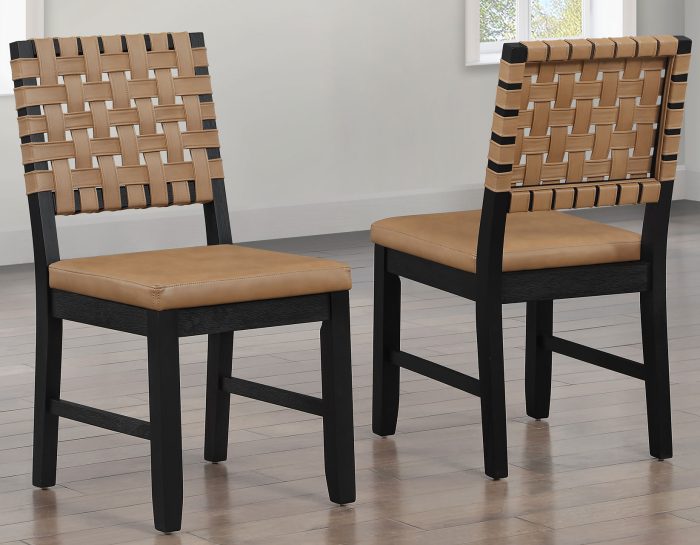 Reid Dining Table 77-95" Dining Table Top with 18" Leaf & Chairs, Black Finish with Saddle Brown Vegan Leather