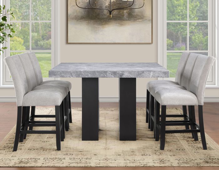 Artemis 5-piece 54″ Square Gray Marble Counter Table with  Gray Chenille Counter Chairs