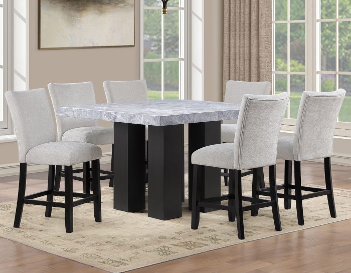 Artemis 5-piece 54″ Square Gray Marble Counter Table with  Gray Chenille Counter Chairs