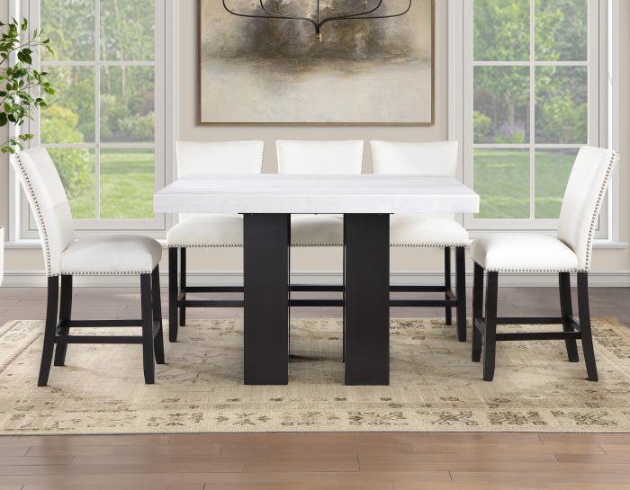 Artemis 54″ Square White Marble Counter Table with  Artemis White Vegan Leather Counter Chairs