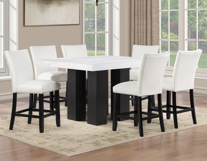 Artemis 54″ Square White Marble Counter Table with  Artemis White Vegan Leather Counter Chairs