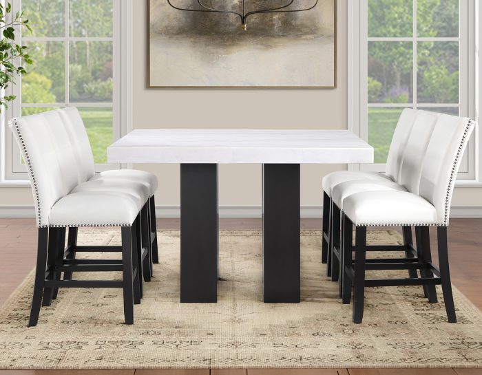 Artemis 54″ Square White Marble Counter Table with  Artemis White Vegan Leather Counter Chairs