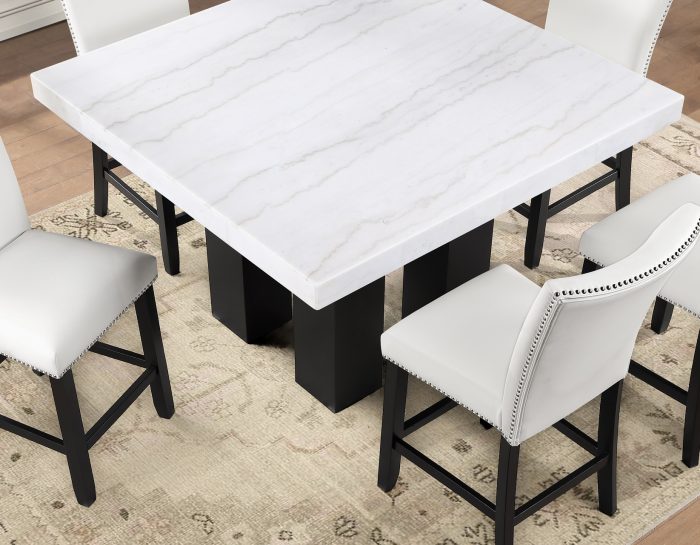 Artemis 54″ Square White Marble Counter Table with  Artemis White Vegan Leather Counter Chairs
