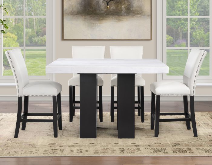 Artemis 54″ Square White Marble Counter Table with  Artemis White Vegan Leather Counter Chairs