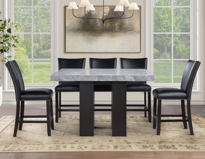 Artemis 54″ Square Gray Marble Counter Table with  Artemis Black Vegan Leather Counter Chairs