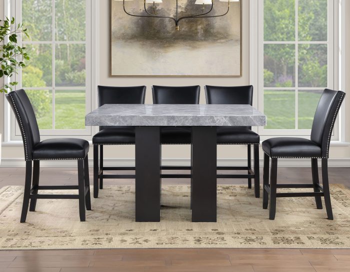 Artemis 54″ Square Gray Marble Counter Table with  Artemis Black Vegan Leather Counter Chairs