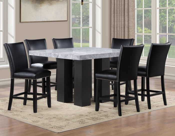 Artemis 54″ Square Gray Marble Counter Table with  Artemis Black Vegan Leather Counter Chairs