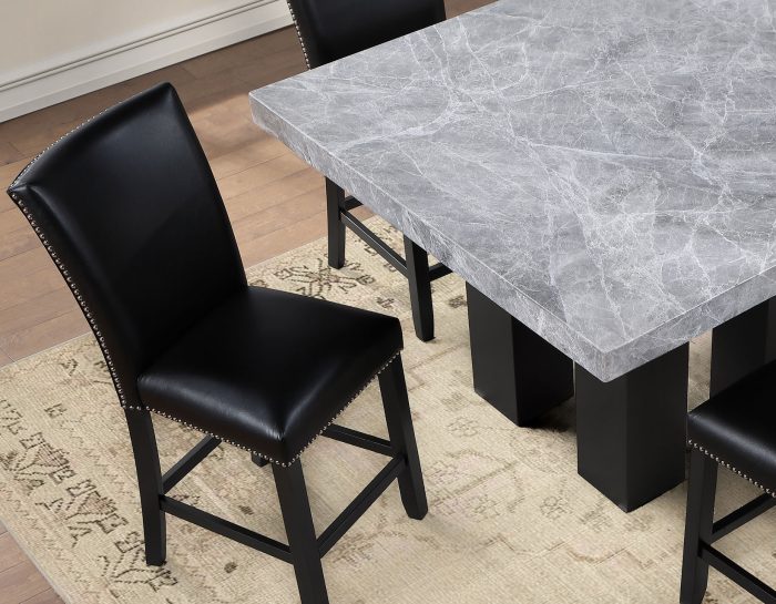 Artemis 54″ Square Gray Marble Counter Table with  Artemis Black Vegan Leather Counter Chairs