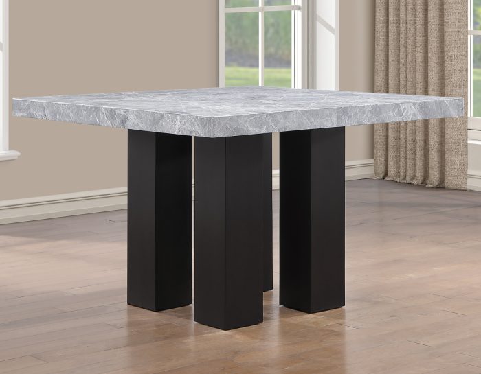 Artemis 54″ Square Gray Marble Counter Table with  Artemis Black Vegan Leather Counter Chairs